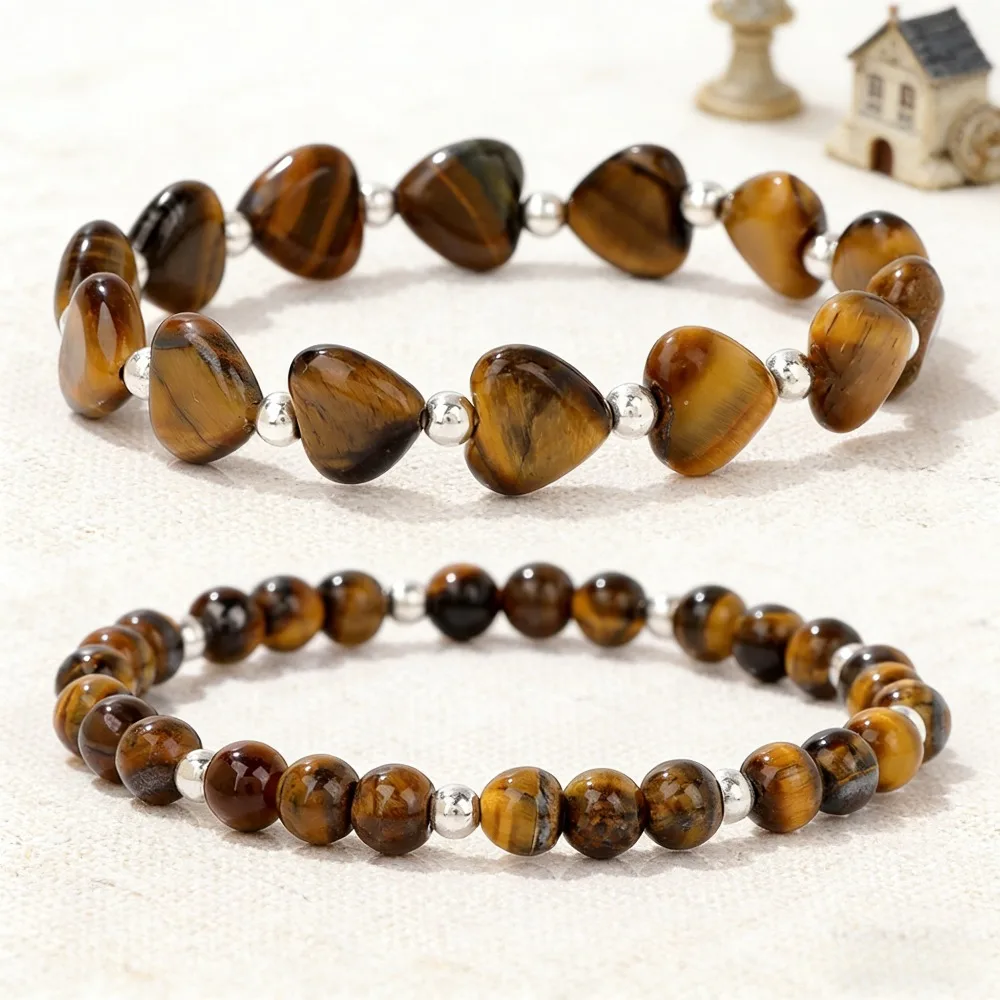Chinese Style Lucky Blessing Wealth Attracting Natural Tiger Eye Stone Heart Couple Bracelet 2pcs Set Handmade Beaded Stretch