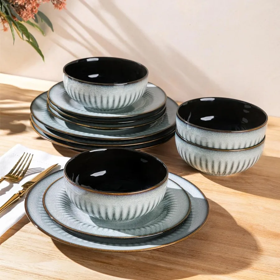 

Ceramic Dinnerware Sets for Home Dining Handcrafted Embossed Stoneware Plates and Bowls with High Resistance to Chips and Crack
