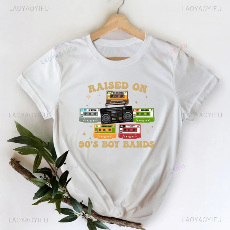 Raised on 90's Boy Band Cool 90's Retro Vintage Printed Tshirt Classic Rock Music Lover Old School Music Cotton Short-sleev Tee