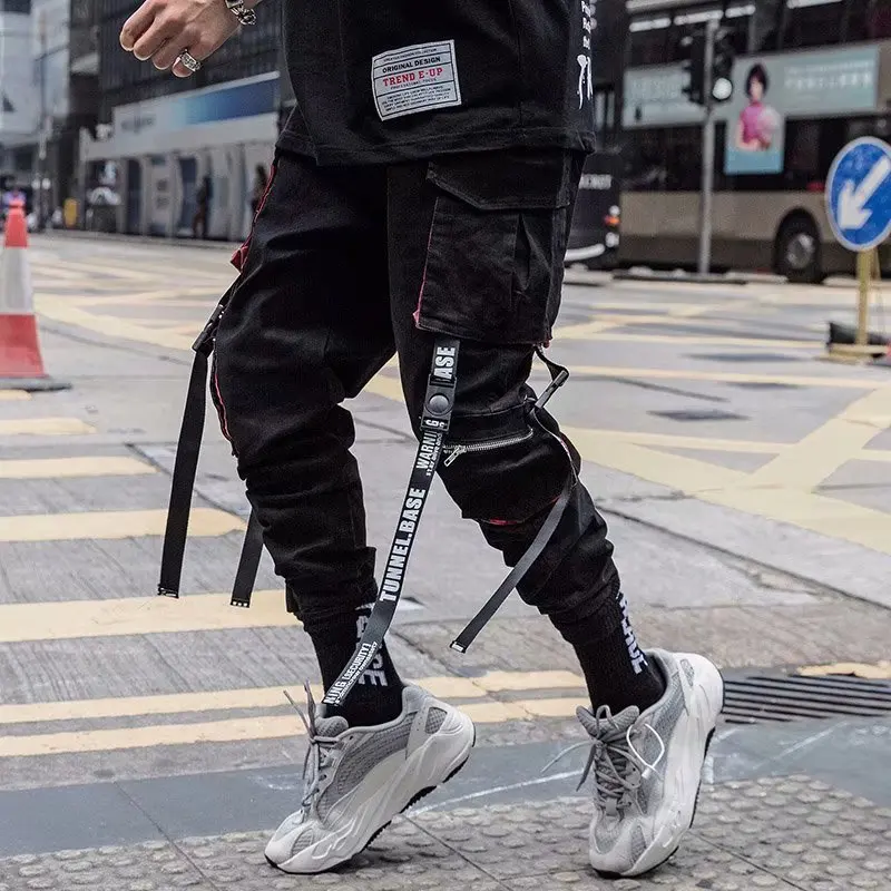 Stylish Techwear Men Cargo Pants Hip Hop Streetwear High Street Jogger Male Trousers Ribbons Pockets Harem Pants for Male