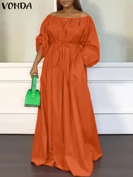 Plus Size 5XL VONDA 2024 Elegant Women Sexy Off Shoulder Maxi Dress Long Sleeve Solid Belted Bohemian Robe Casual Party Vestidos