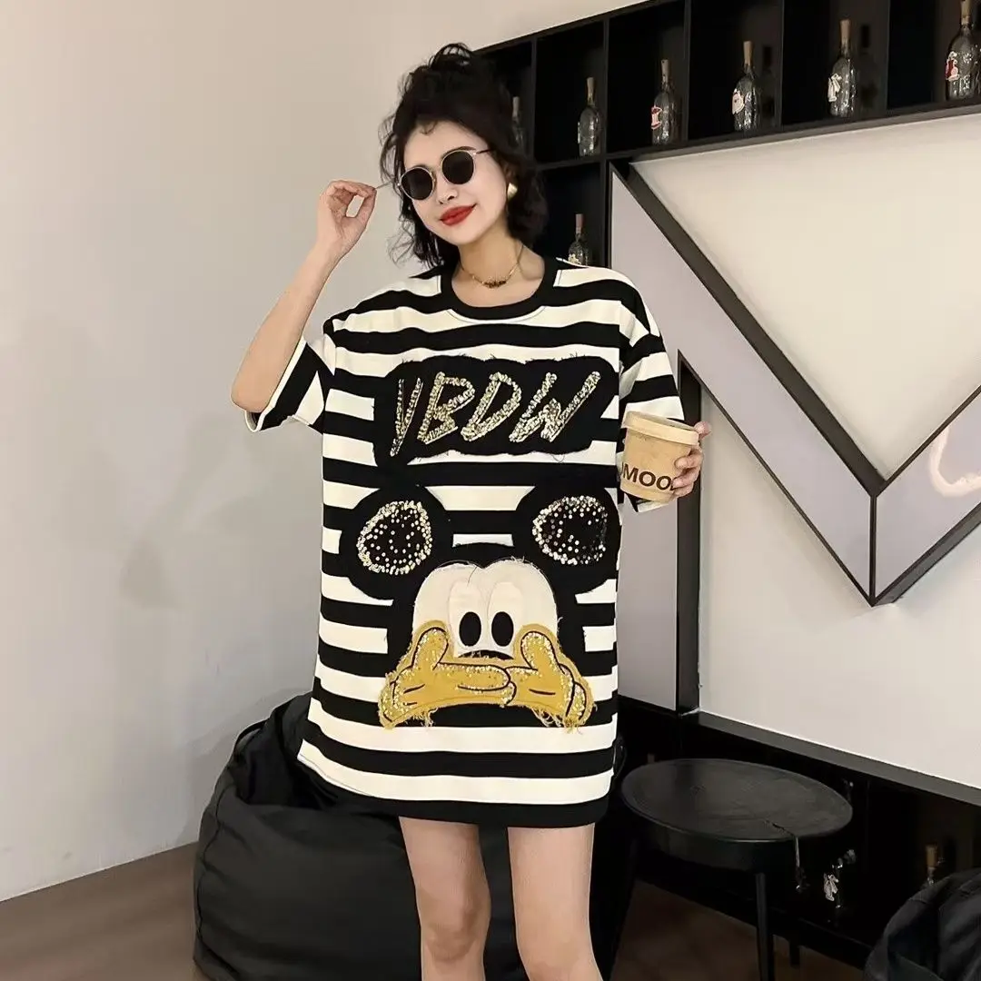 

Disney Mickey 2025 New Sequin Embroidered Top Striped Loose Short Sleeve Versatile T-shirt Office Lady Commuting Casual Cute Top