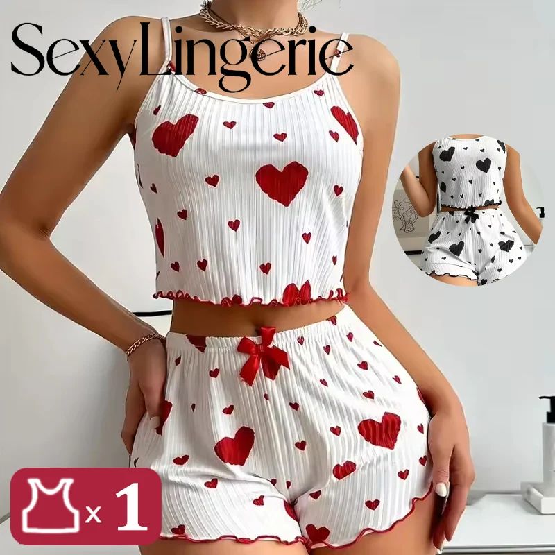

Women 2Pieces Heart Print Pajama Set Bowknot Sleeveless Crop Top and Shorts Soft Cozy Sleepwear Loungewear for Summer Nightwear