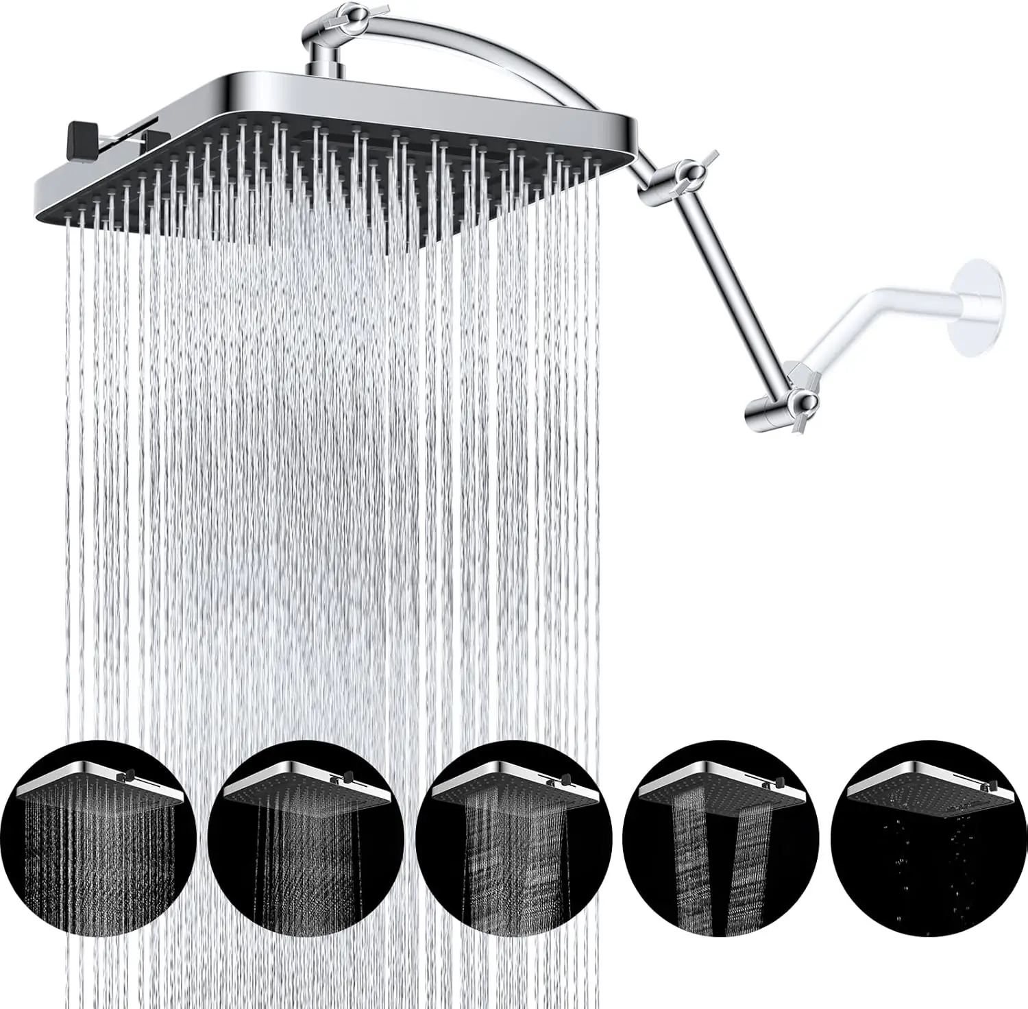 

13'' Square Rainfall Shower Head with 5 Spray Modes, High Pressure Adjustable Arm Extension Chrome Finish