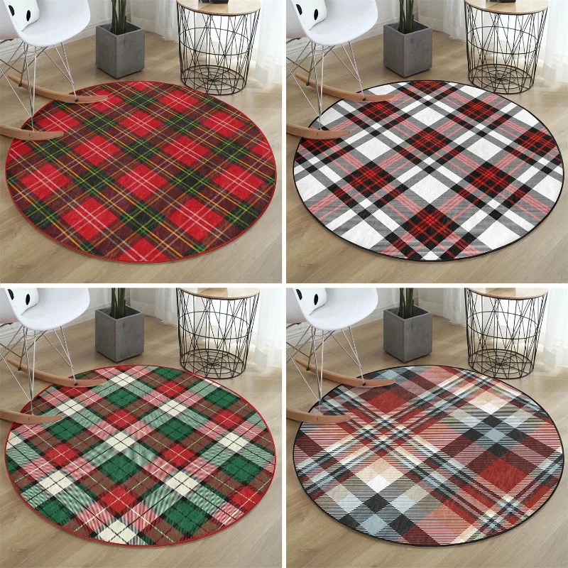 Plaid Round Rug Tartan Floor Carpet Checkered Non Slip Circle Rugs Checked Area Rugs Red Round Rug For Bedroom Decoration