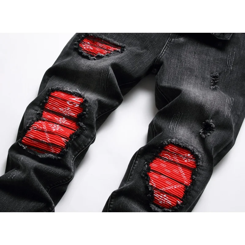 New Men'S Jeans Fashionable Designer Spliced Hole Patch With Diamond Straight Elastic Motorcycle Bike Casual Denim Pants