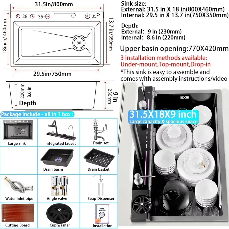 Modern Farmhouse 31.5 Inch Stainless Steel Kitchen Sink Smart Waterfall Undermount Workstation 4-1 Faucet Single Bowl Fregaderos