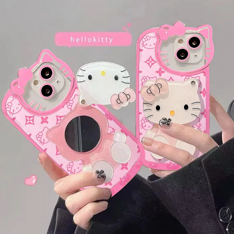 Cartoon HelloKitty Cute Pink KT Makeup Mirror Phone Case for IPhone 11 12 13 14 15 Pro Max XS X XR 7 8 15 Plus Y2k Girl Cover