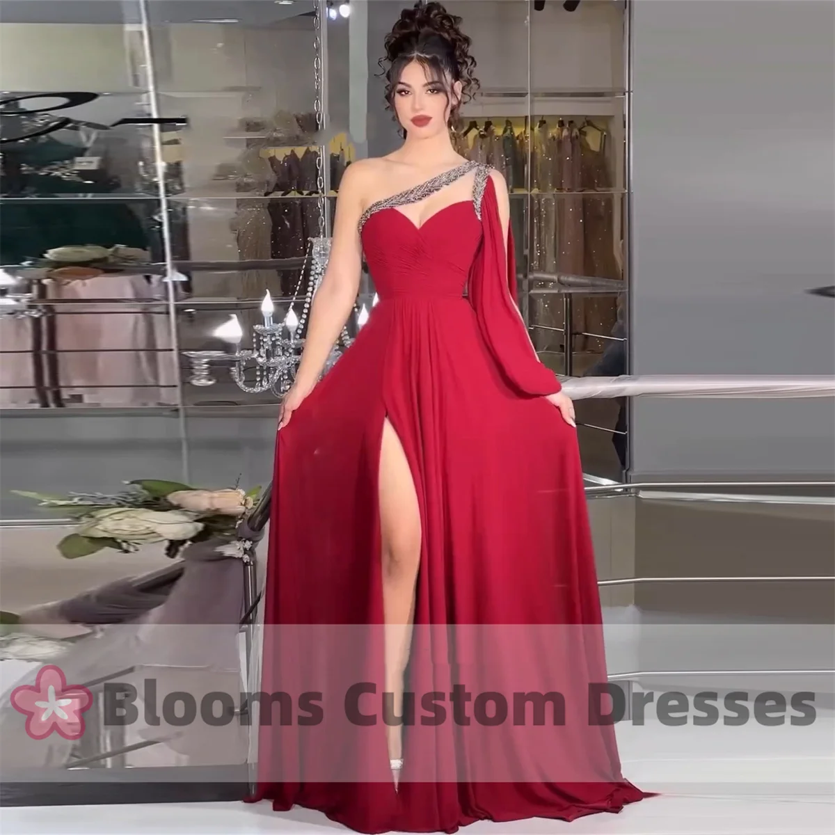 

Blooms One-shoulder Prom Dress Draped A-line Side Slit Long Sleeve Gorgeous Evening Dress 2024 Party Gown Homecoming Dress