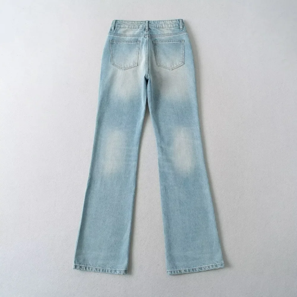 4 Colors Lady Mid Waist Losses Bootcut Jeans Casual Full Length Wide Leg Denim Pants Classical Five Pockets Bleached Women Jeans