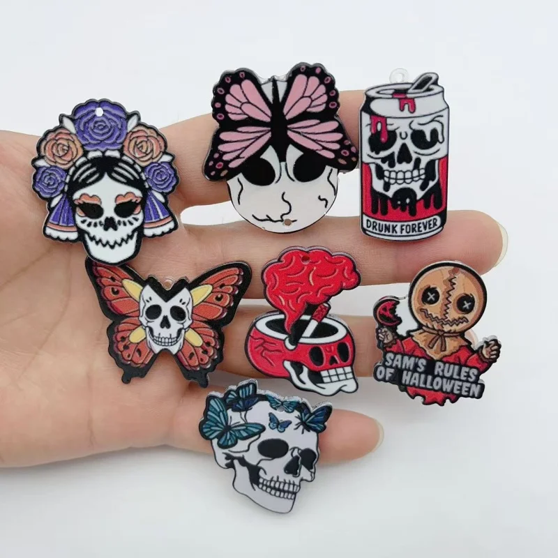 10 Stück Gothic Halloween Acryl-Anhänger Totenkopf Schmetterling Rose Anhänger für DIY Armband Halskette Schlüsselanhänger Schmuckherstellung Zubehör