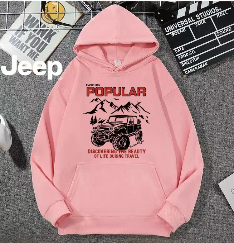 Men JEEP Vintage Outdoor Vehicle Print Hoodie Loose Fit Mountain Travel Long Sleeve Pullover Casual