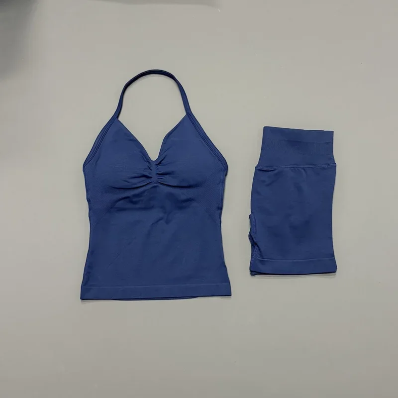 2Pcs HISTELLO Yoga Set Women Halter Tank Top Scrunch Butt Lifting Shorts Ruched Anti Chafe Quick Dry Gym Workout Sports Set