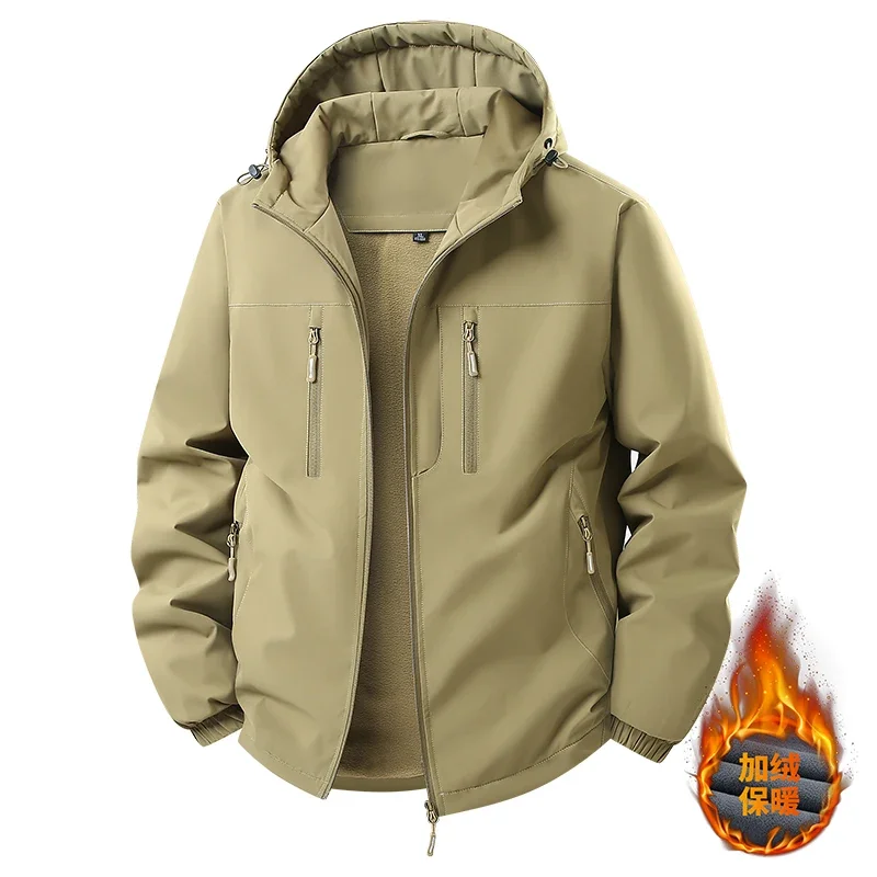 Fleece Lined Thickened Jacket Men Hooded Trendy Outerwear Men Casual Windproof Coat Male Spring Autumn Outdoor Daily Jackets