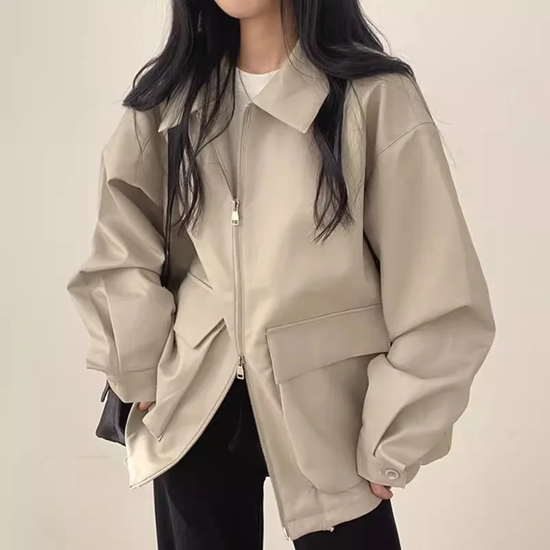 2024 Spring Autumn Retro Polo Collar Large Pocket Zipper Cardigan Jacket Casual Long Sleeved Leather Coat Short Jacket for Women