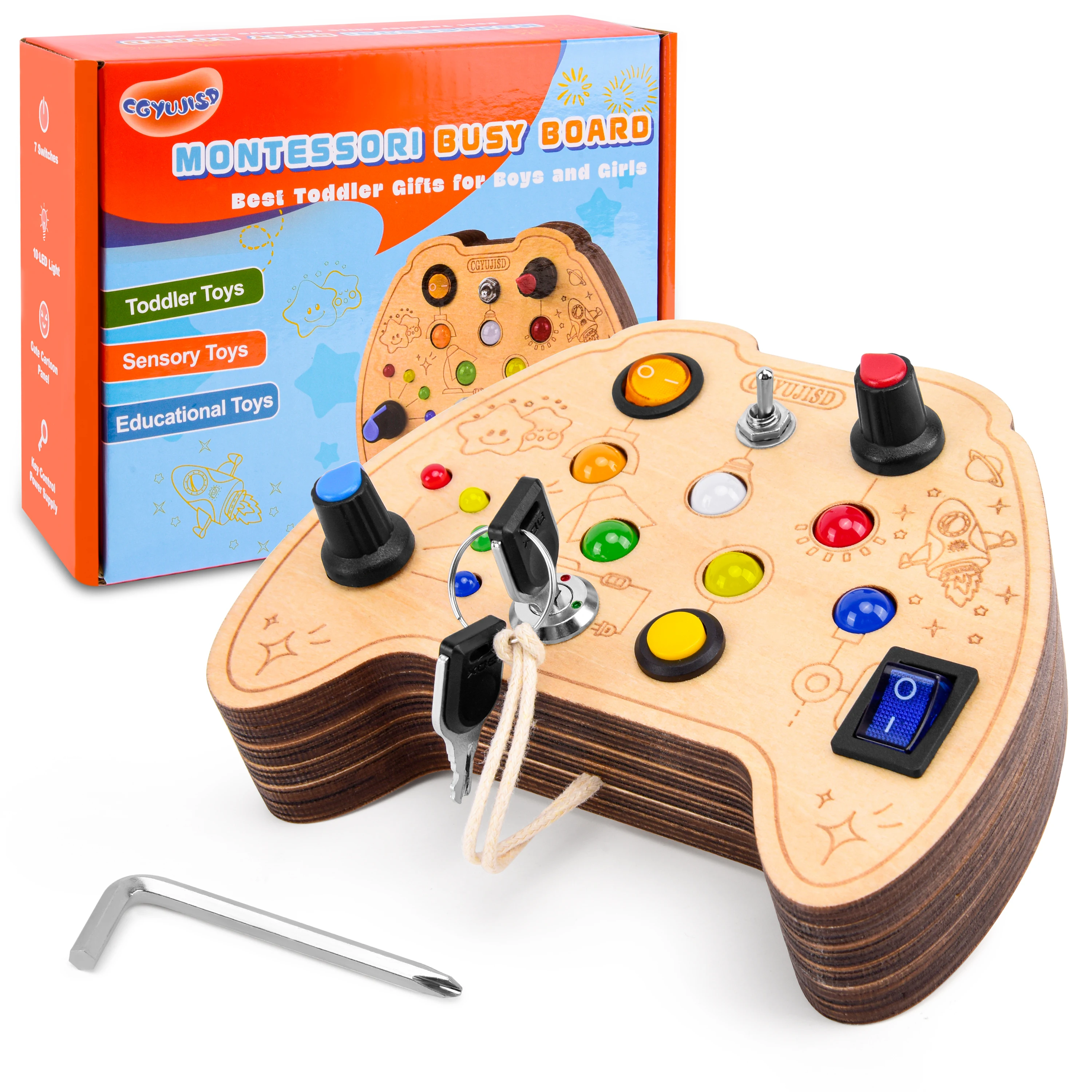 

Montessori Educational Busy Board For Over 3 Years Old Baby LED Light BusyBoard Toddler Toy Cute Pattern Wooden Sensory Toy