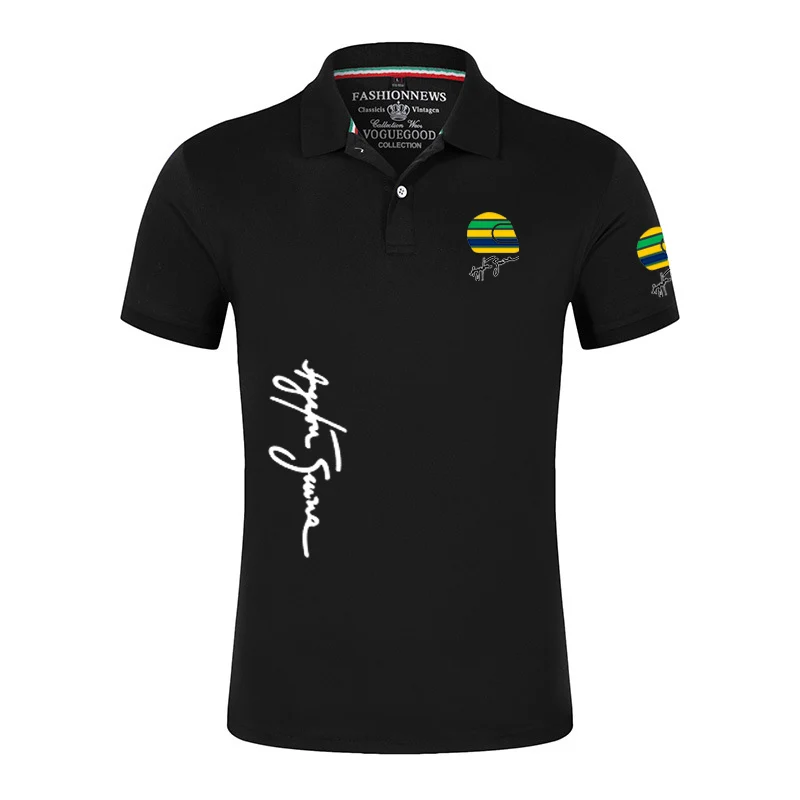 2023 New Ayrton Senna Brand Men Summer Casual Short Sleeve Fashion Print Tops Clothing Business Black Polo Shirts