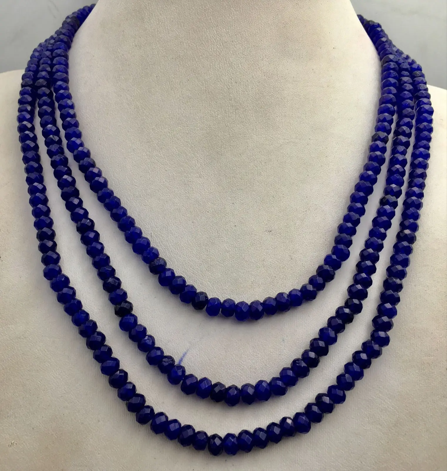 Huge 2x4mm NATURAL Blue sapphire FACETED BEADS NECKLACE 3 Row 18-20''