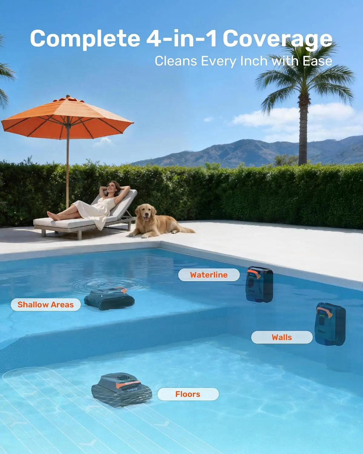 LiteVac G1 Pool Vacuum Robot, Wall & Waterline & Platform Cleaning | Up to 200-Min Runtime, 15.2 lbs Lightweight, with Fine