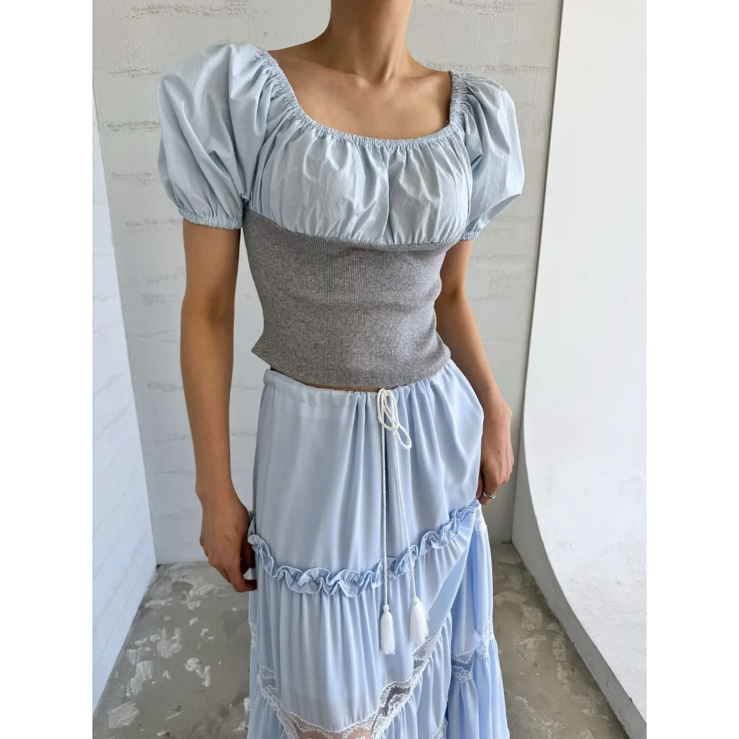 

Korean Chic Versatile Ribbed Splice Square Collar Short Sleeve Top Gentle Versatile Lace Splice Lace Trim Half Skirt Set