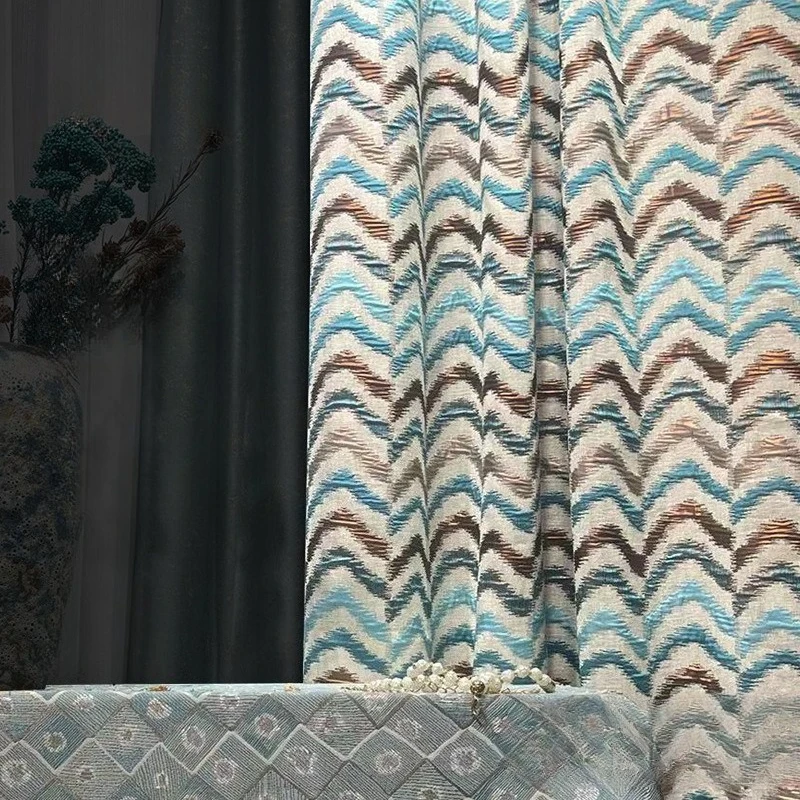 Embossed Color Lines Jacquard Thickened Blackout Curtains for Living Room Bedroom French Window Customized Products