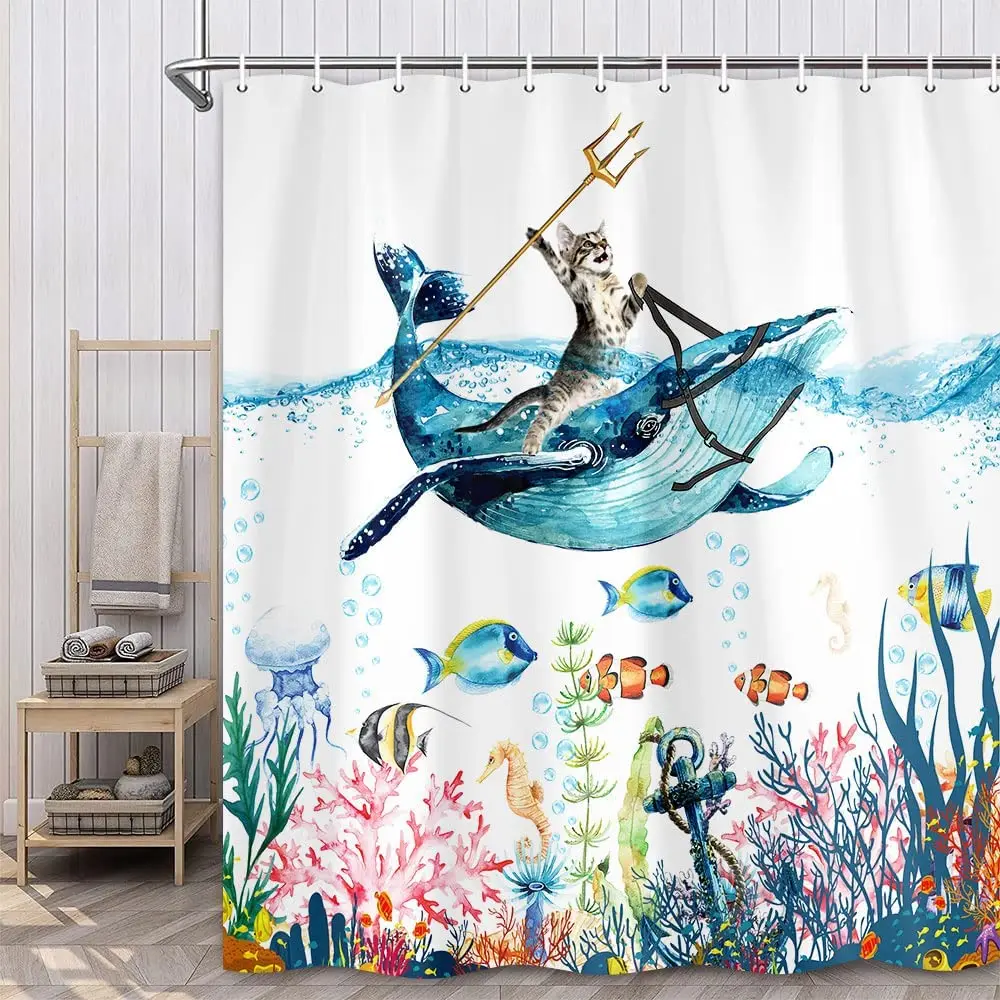 Ocean Animals Shower Curtain Sea Turtle Fish Starfish Seaweed Coral Underwater Scenery Waterproof Fabric Bathroom Decor Curtains