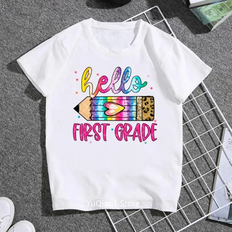 Hello First Grade T Shirt Children Funny First Day Back To Shool Tshirts Unisex Tshirts Summer Top Lovely Gift Teen's Tees White