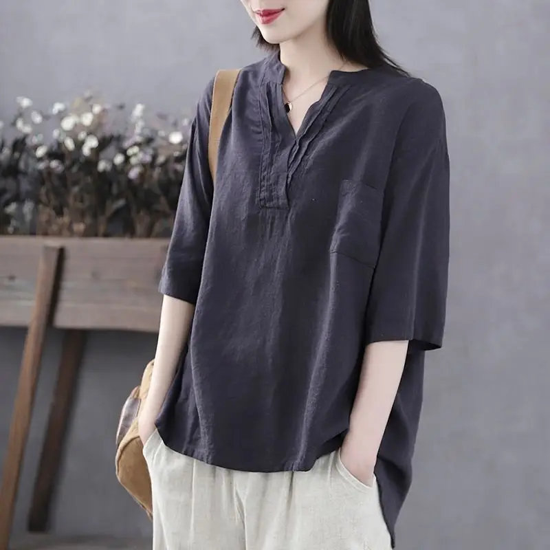 

Cotton Casual irt Women Summer Loose Fit Simple Color f Sve Overhead Top V-ne Regular Length Five Sve Cotton