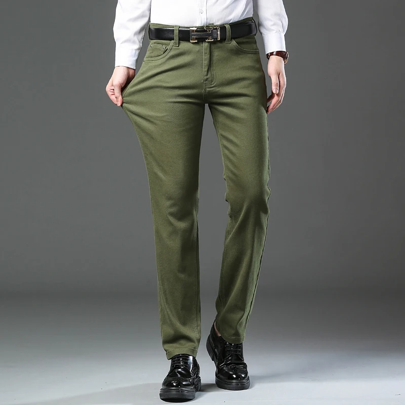 حجم كبير 42 44 الخريف 98% القطن الرجال تمتد جينز ضيق ArmyGreen لينة مريحة عادية مستقيم الدينيم السراويل بنطلون