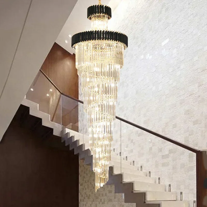 

Large Top Long Luxury LED Crystal Chandelier Black Stainless Steel Multi-layer Lighting for Staircase Hotel Hall Living Room