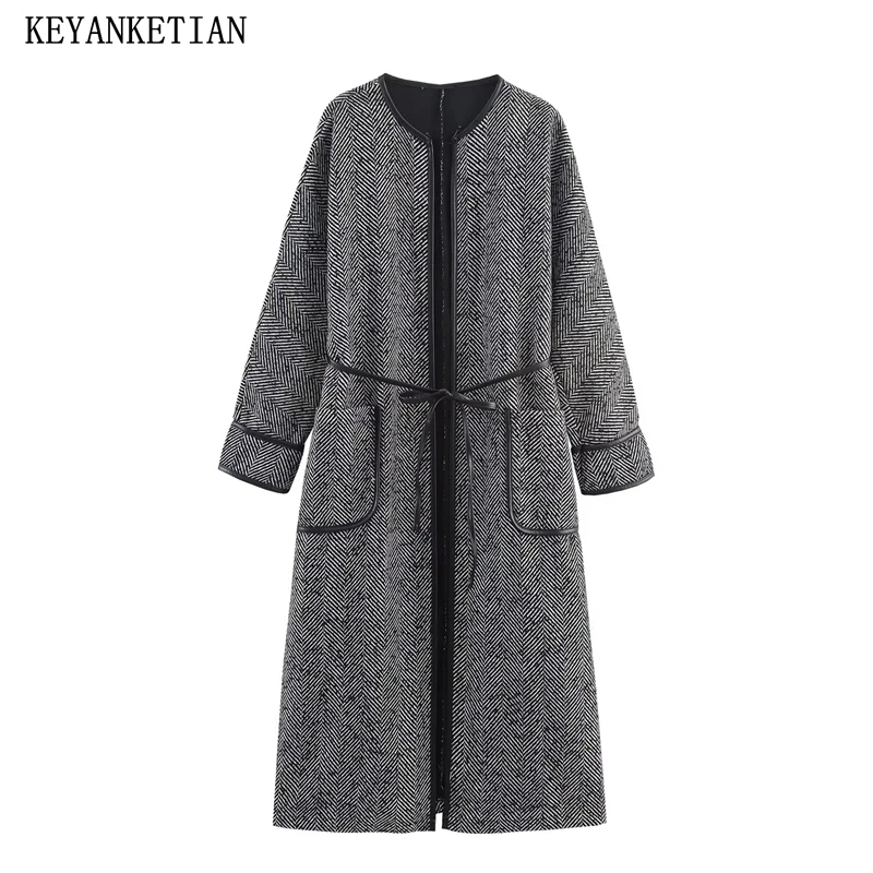

KEYANKETIAN Autumn And Winter New Women's Mid Length Design With a Cinched Waist And British Style Herringbone Woolen Coat Women