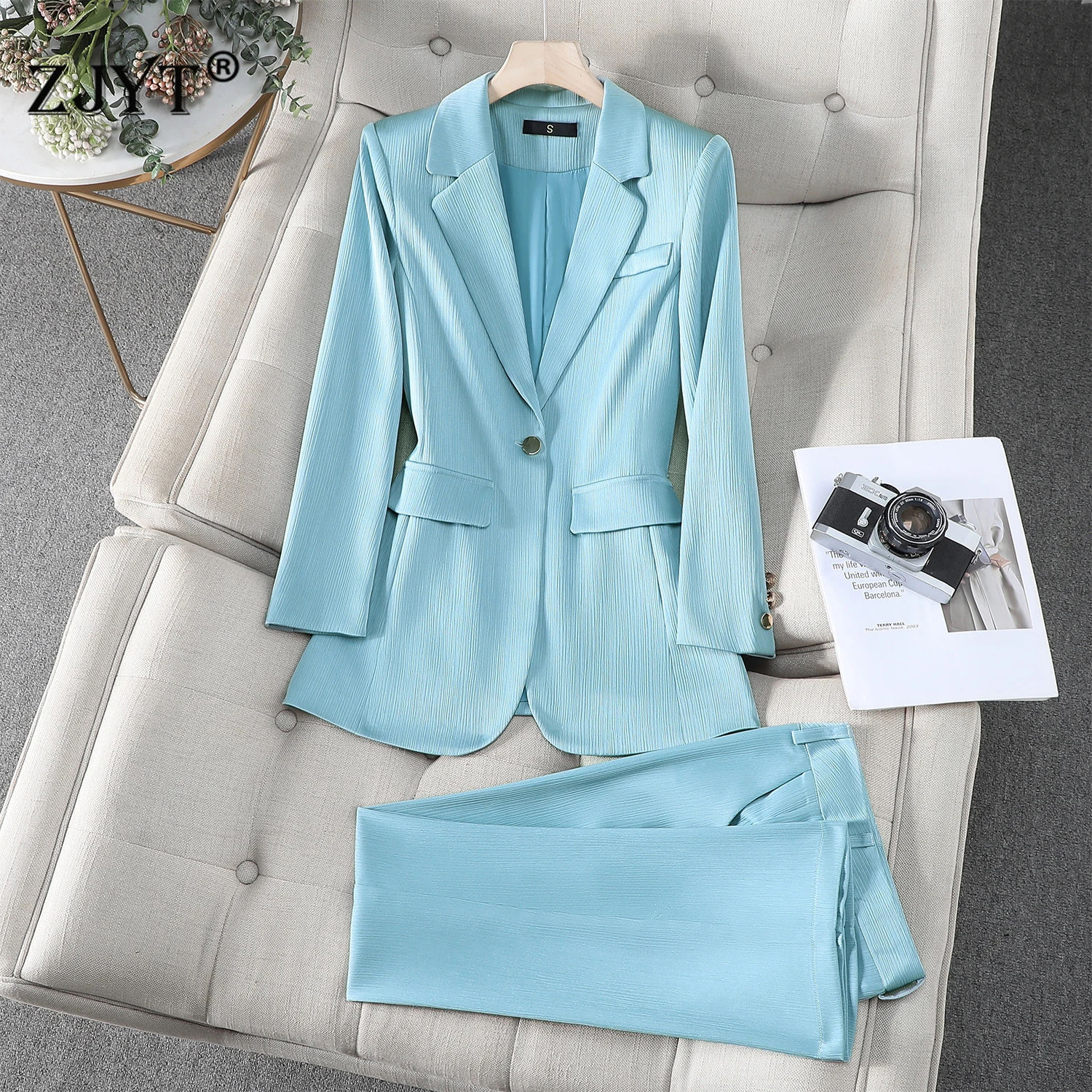 

ZJYT Elegant Business Chic Blazer Suit Trousers 2 Piece Sets Woman 2025 Autumn Long Sleeve Jacket and Pants Sets Blue Outfits