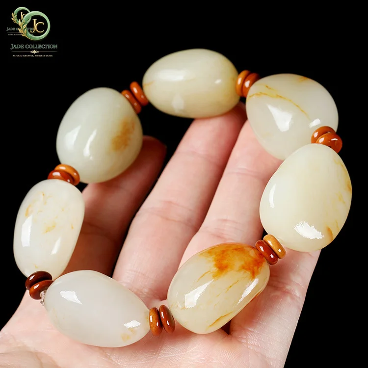 Natural Raw Jade Stone With Skin Nephrite Bracelet Men Women Fine Jewelry Genuine Chinese Hetian Jade Tumbled Stone Bracelets