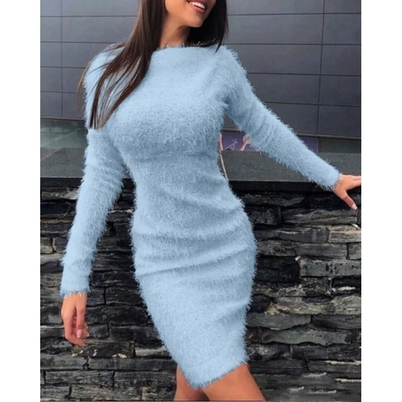 Lady Sexy Dress Slim Fit Long Sleeve Solid Color Wool Skirt Sexy Bodycom Women Plush Dress Elegant Casual Knitted Dress