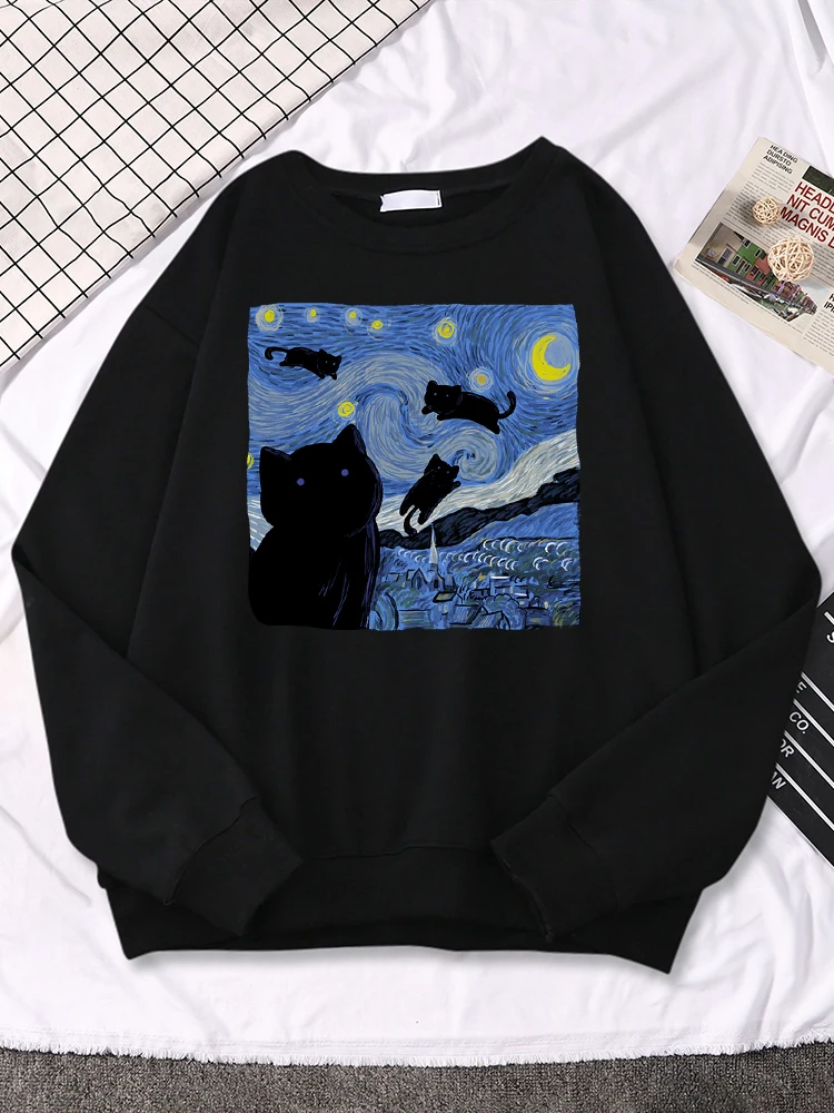 Oil Painting Black Cat Starry Night Print Womens Sweatshirt Fleece Hoodies Hip Hop Loose Women Clothing Crewneck Fleece Hoody