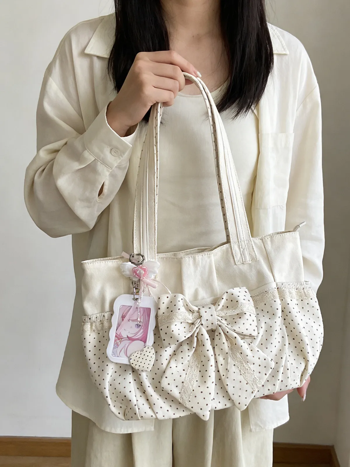 Original Simple Shoulder Bag Computer Bag Schoolbag Ancient Flavor Polka Dot Bow Lace Canvas Tote Bag