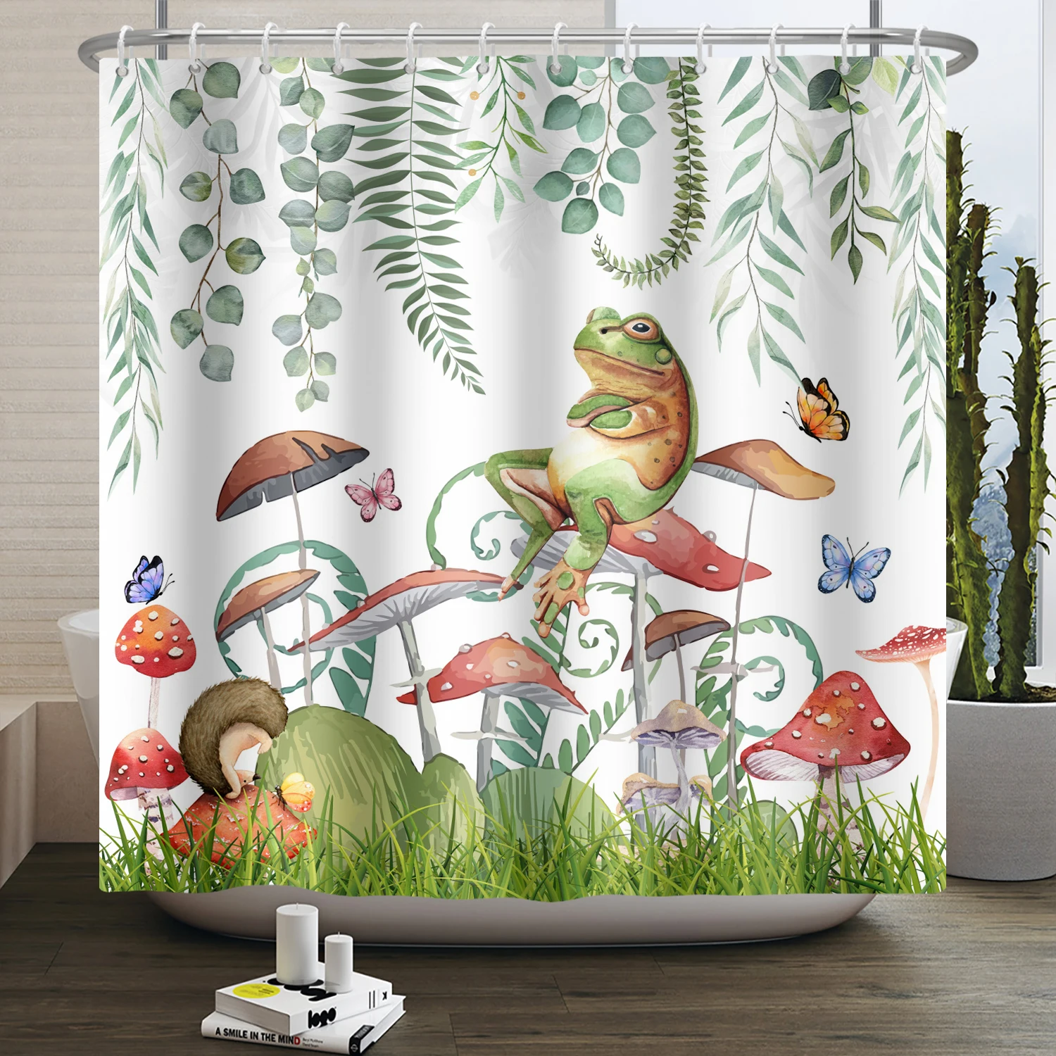 Funny Frog Shower Curtain for Bathroom Mushroom Butterfly Floral Green Plant Cartoon Animal Waterproof Polyester Shower Curtain