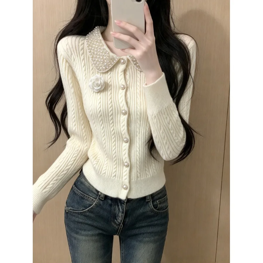 Spring Autumn Heavyweight Pearl Collar Twist Knitwear Long Sleeve Open Cardigan Floral Accented Elegant Korean Style Women's Top
