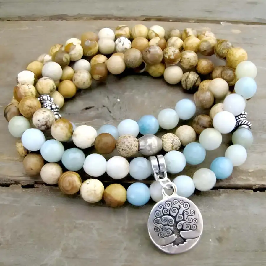

6mm Amazoniteite Gemstone Picture stone 108 Beads Mala Bracelet Buddhist tassel Buddha Chaplet Tibetan Hand Meditation zazen
