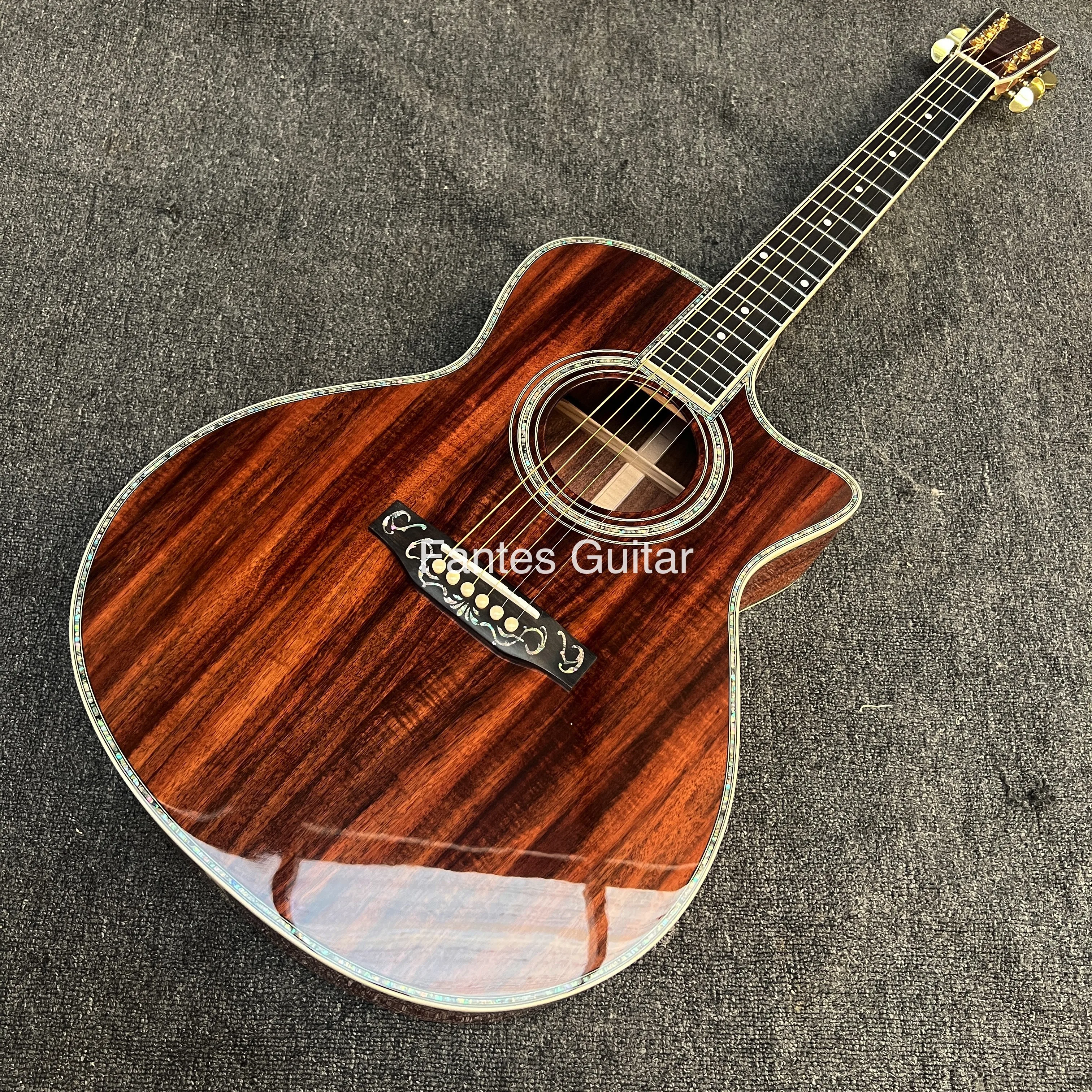 Custom Order: Deluxe 40 Inch Cutaway Solid KOA Wood Acoustic Guitar, Abalone Binding, with Abalone Logo, SOLID KOA BACK SIDE VER