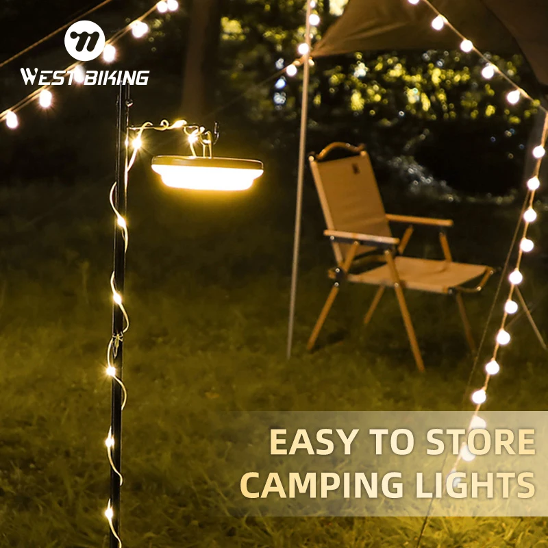 

WEST BIKING Camping String Lights with Lanterns 2 in 1 Design Camping Lights 1500mAh Waterproof Rechargeable Outdoor Tent Lamp