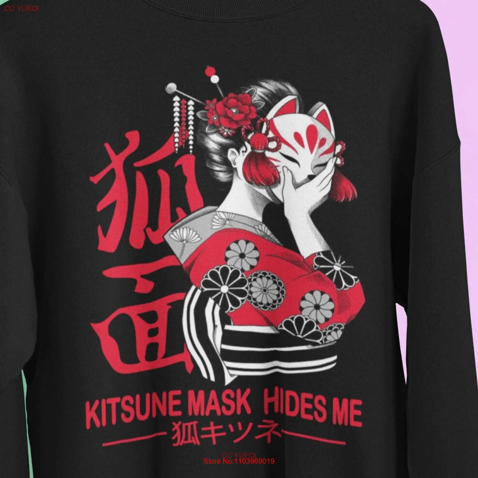 Kitsune потная футболка Японская Киотская лиса маска Kanji уличная одежда японская Эстетическая радиоактивная длинная или короткая рукава