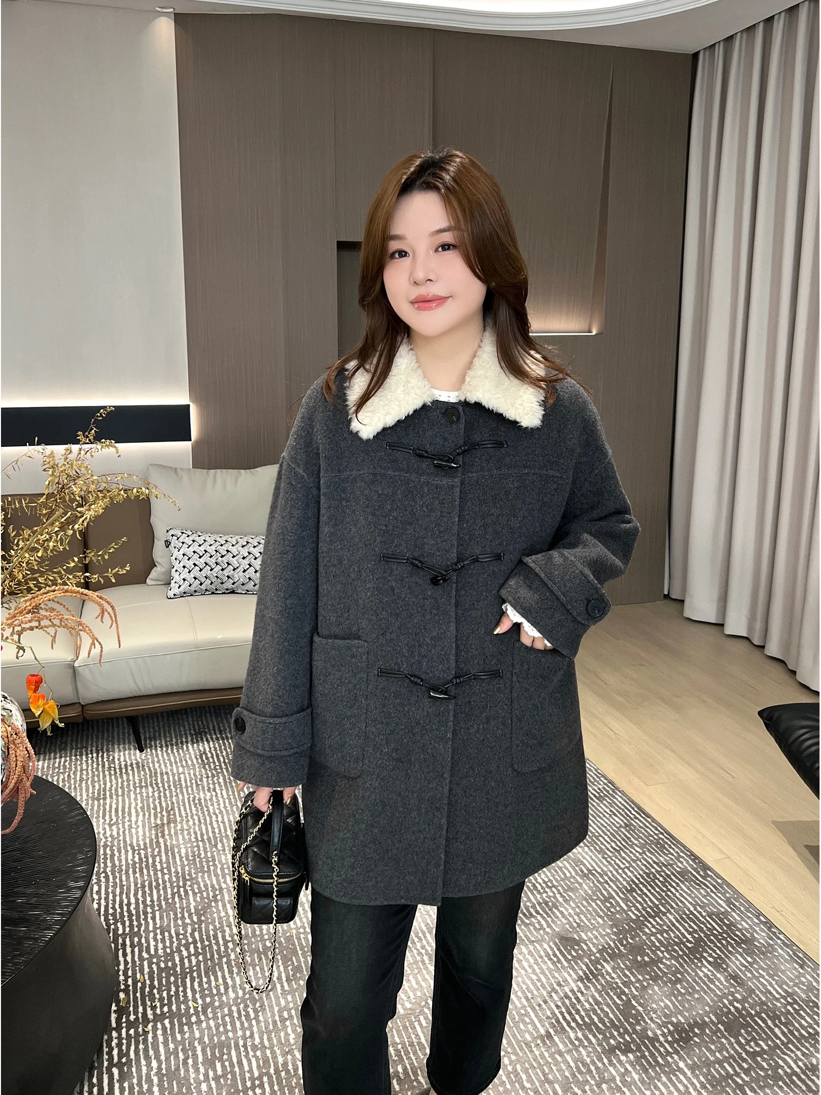 

JoJo Private Label 00% шерсть, большой размер, утягивающее шерстяное пальто средней длины, дизайн на пуговицах, повседневная женская верхняя одежда MK3377