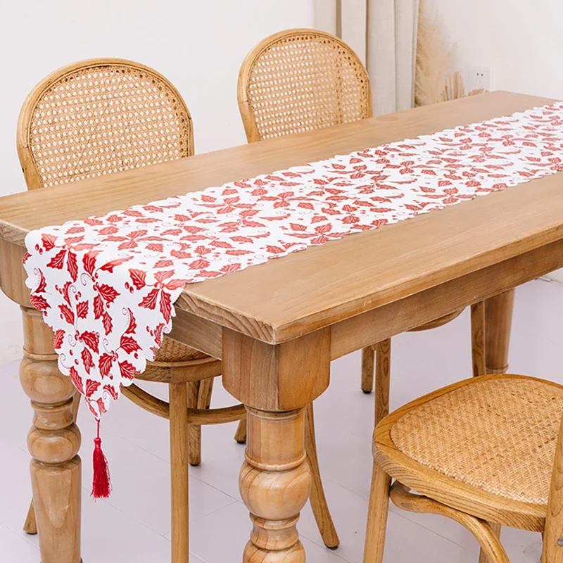 Bronzing Christmas Table Runner - Star Leaf Snowflake Tablecloth Placemat With Tassel For Xmas Table Decorations