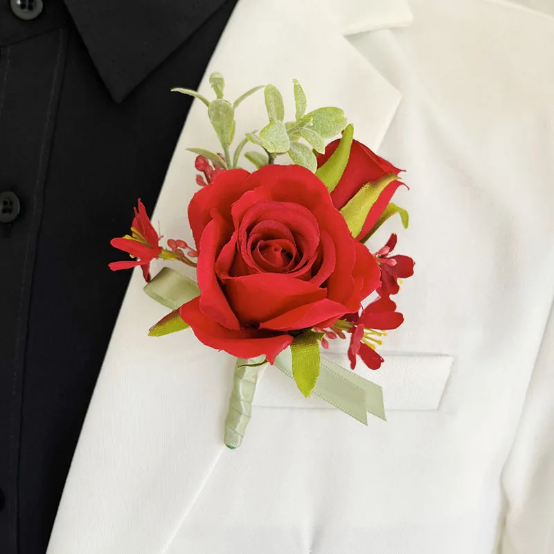 Boutonniere Aksesori pengantin pria untuk pernikahan kancing bunga buatan gelang mawar sutra pin korsase pernikahan pengiring pengantin