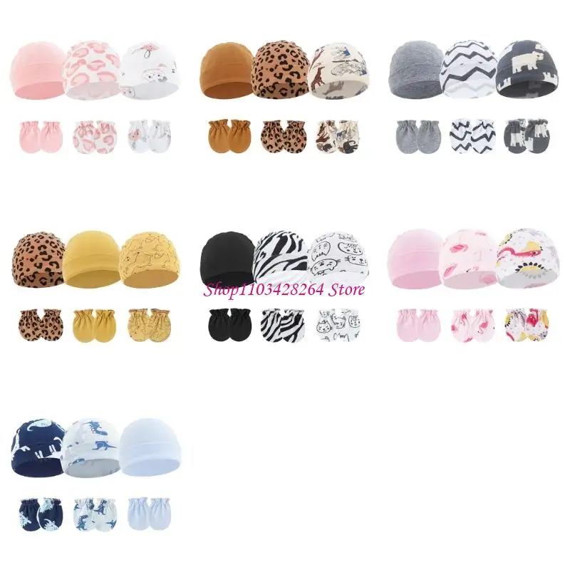 

3 Set Baby Hat with Anti-scratch Gloves Cartoon Bonnet Caps & Soft Breathable Mittens Cosy Headgear for Newborns