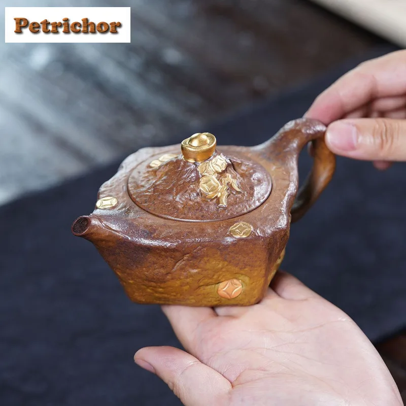 

220ml Yixing Purple Clay Teapots Handmade Ingot Pot Raw Ore Wood-fired Porcelain Mud Tea Soaking Kettle With Strainer Zisha Tea