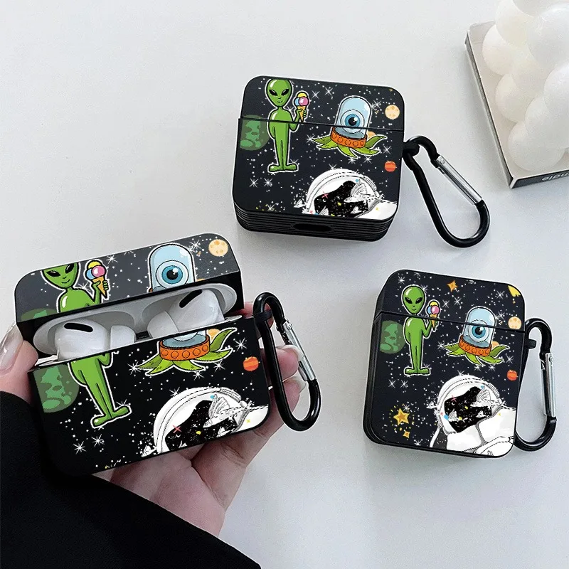 

Cool Alien Astronaut Print Black Earphone Case for Apple AirPods 4, 3,1/2, AirPods Pro2/Pro,Stylish Hard Bluetooth Headset Cover