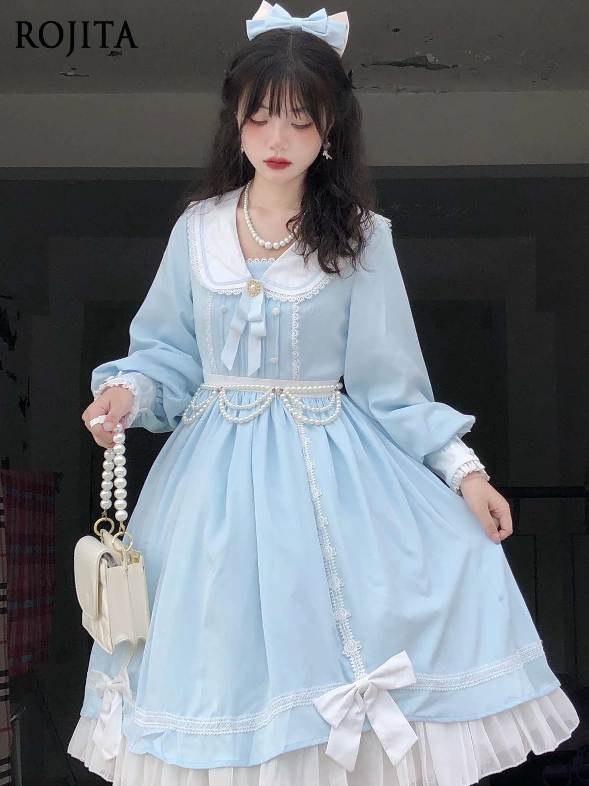 

Blue Op Daily Retro Girl Elegant Navy Collar Long Sleeve Lolita Dress Long Sleeve Cute Doll Collar Women Clothing Spring Autumn