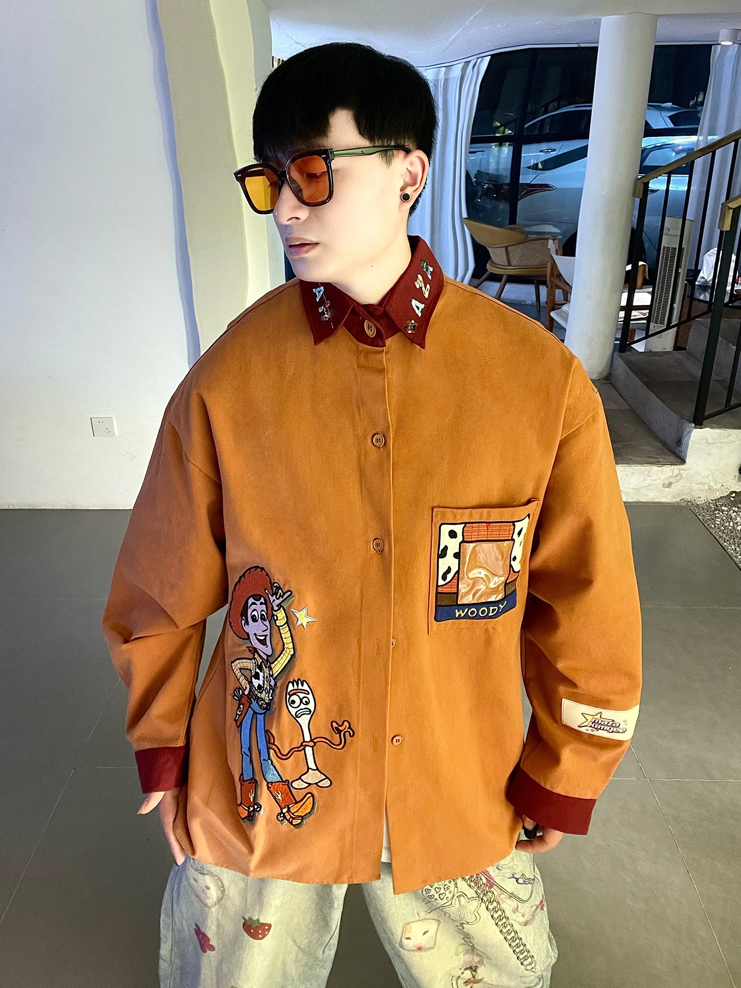 

Toy S Hooey Embroidered Long Sve Loose Fit irt for Men And Women American Retro Sle Casual Outerwear Coat